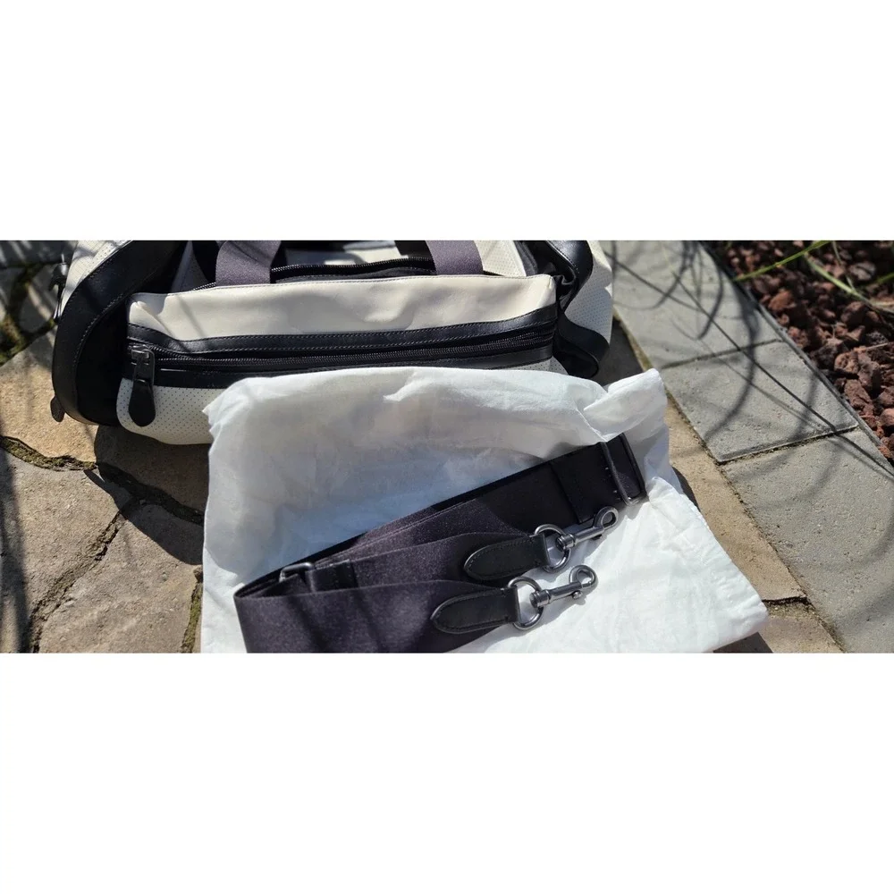 Coach Terrain Gym Bag F56875 Cream And Black Perforated Leather Duffel Weekender